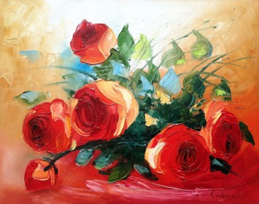 Schilderij getiteld "rozen" door Tetiana Gorbachenko, Origineel Kunstwerk, Olie