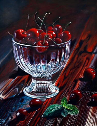 Pintura titulada "Velvet Cherries in…" por Tetyana Hamilton, Obra de arte original, Oleo Montado en Bastidor de camilla de m…