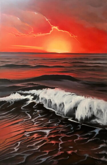 Painting titled "Red Sunset Over Oce…" by Tetyana Hamilton, Original Artwork, Oil Mounted on Wood Stretcher frame