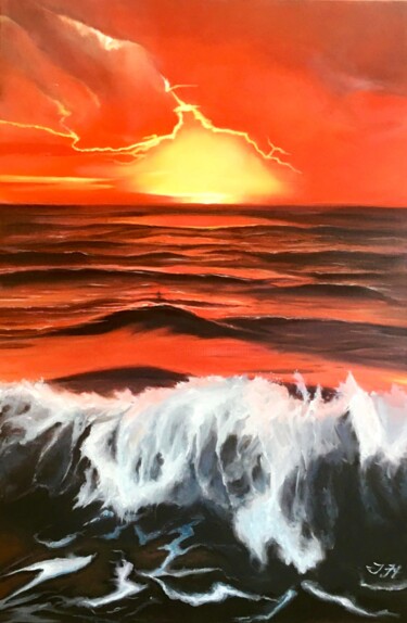 Schilderij getiteld "Flaming Sunset" door Tetyana Hamilton, Origineel Kunstwerk, Olie