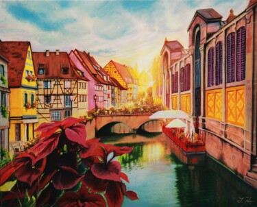 Painting titled "Sunny Colmar, Franc…" by Tetyana Hamilton, Original Artwork, Oil Mounted on Wood Stretcher frame