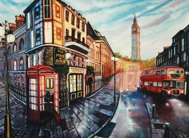 Painting titled "Magic London Street." by Tetyana Hamilton, Original Artwork, Oil Mounted on Wood Stretcher frame
