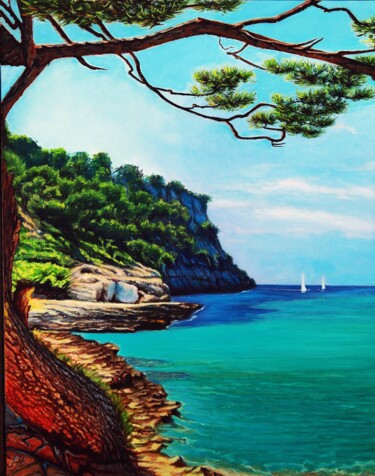 Schilderij getiteld "Blue Lagoon." door Tetyana Hamilton, Origineel Kunstwerk, Olie Gemonteerd op Frame voor houten brancard