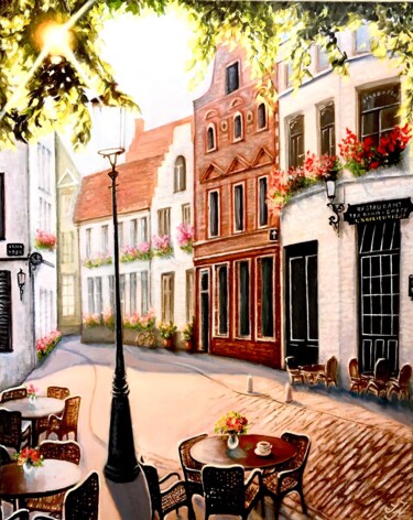 Painting titled "Charming Bruges." by Tetyana Hamilton, Original Artwork, Oil Mounted on Wood Stretcher frame