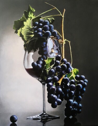 Pintura intitulada "Wine grape in glass…" por Tetyana Hamilton, Obras de arte originais, Óleo Montado em Armação em madeira