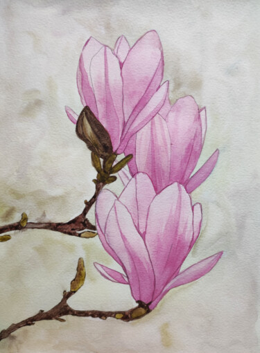 Peinture intitulée "Watercolor magnolia…" par Tetyana Levchuk, Œuvre d'art originale, Aquarelle