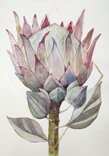 Painting titled "Protea Flower" by Tetyana Levchuk, Original Artwork, Watercolor
