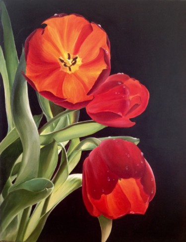 Painting titled "Tulipanes rojos" by Tetyana Marchenko (Mart), Original Artwork, Oil