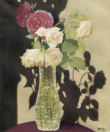 Painting titled "Roses" by Tudor Gafton, Original Artwork, Oil Mounted on Wood Stretcher frame