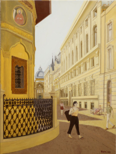 Painting titled "Stavropoleos Street" by Tudor Gafton, Original Artwork, Oil Mounted on Wood Stretcher frame