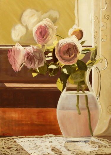 Painting titled "Roses 3" by Tudor Gafton, Original Artwork, Oil Mounted on Wood Stretcher frame