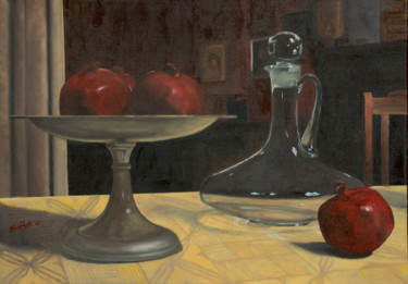 Painting titled "Still Life with Pom…" by Tudor Gafton, Original Artwork, Oil Mounted on Wood Stretcher frame