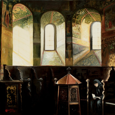 Painting titled "Sucevitza Monastery" by Tudor Gafton, Original Artwork, Oil Mounted on Wood Stretcher frame