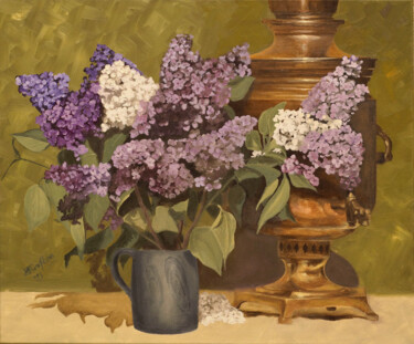 Painting titled "Lilac" by Tudor Gafton, Original Artwork, Oil Mounted on Wood Stretcher frame