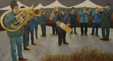 「The Brass Band」というタイトルの絵画 Tudor Gaftonによって, オリジナルのアートワーク, オイル ウッドストレッチャーフレームにマウント