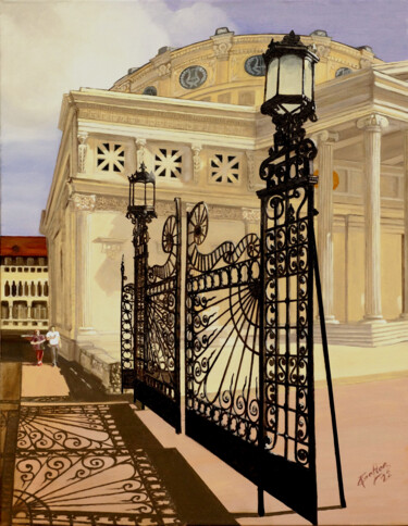 Schilderij getiteld "Romanian Atheneum" door Tudor Gafton, Origineel Kunstwerk, Olie Gemonteerd op Frame voor houten brancard