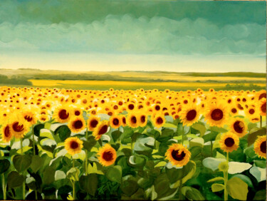 Painting titled "Sunflowers 1" by Tudor Gafton, Original Artwork, Oil Mounted on Wood Stretcher frame
