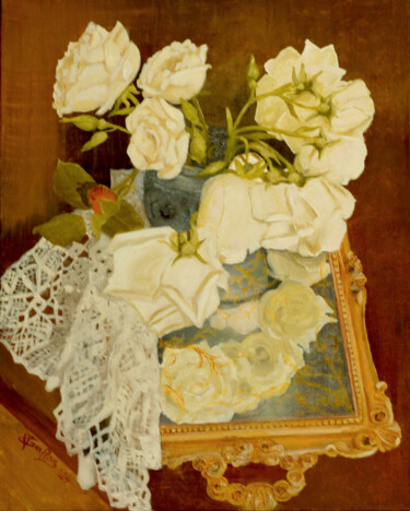 Peinture intitulée "White Roses" par Tudor Gafton, Œuvre d'art originale, Huile