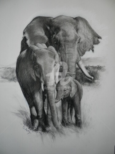 Drawing titled "Famille" by Th. Hutin, Original Artwork, Chalk