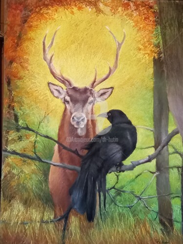 Dessin intitulée "le cerf et le corbe…" par Th. Hutin, Œuvre d'art originale, Pastel