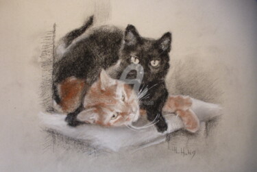 Drawing titled "Duo" by Th. Hutin, Original Artwork, Chalk