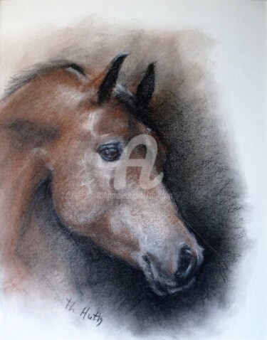 Drawing titled "Tête de cheval" by Th. Hutin, Original Artwork, Chalk