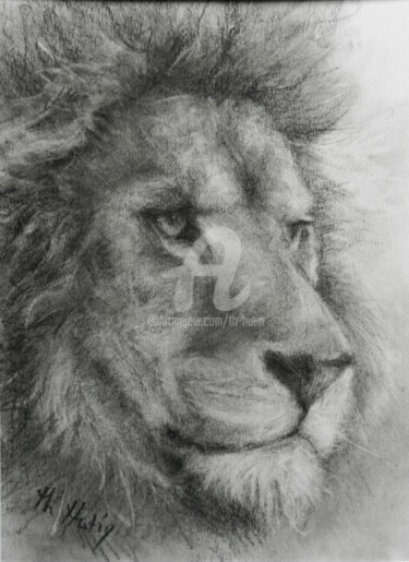 Dessin intitulée "Tête de lion" par Th. Hutin, Œuvre d'art originale, Craie