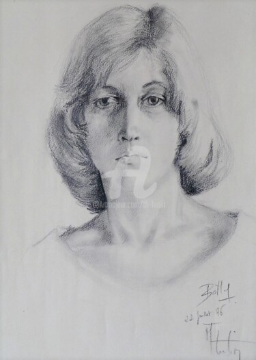 Drawing titled "Ulla" by Th. Hutin, Original Artwork, Graphite