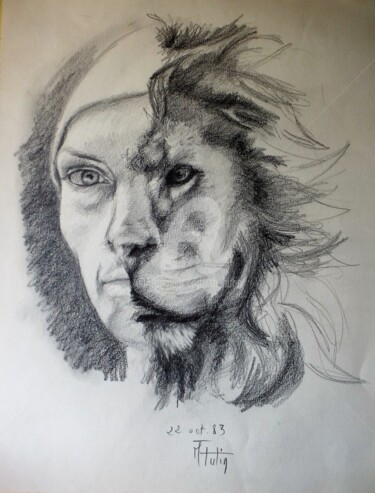 Dessin intitulée "autoportrait  leonin" par Th. Hutin, Œuvre d'art originale, Craie