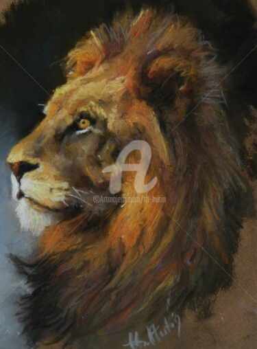 Drawing titled "Le lion" by Th. Hutin, Original Artwork, Pastel