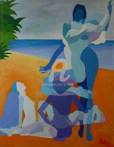 Malerei mit dem Titel "femmes-sur-la-plage" von Th. Hutin, Original-Kunstwerk, Acryl
