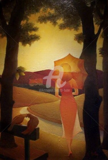 Pintura intitulada "Femme à l'ombrelle" por Th. Hutin, Obras de arte originais, Óleo