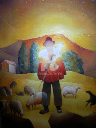 Peinture intitulée "L'agneau mystique" par Th. Hutin, Œuvre d'art originale, Huile