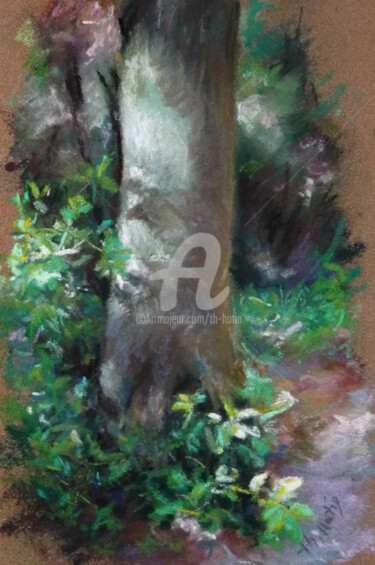 Dessin intitulée "au-pied-de-l-arbre-" par Th. Hutin, Œuvre d'art originale, Pastel