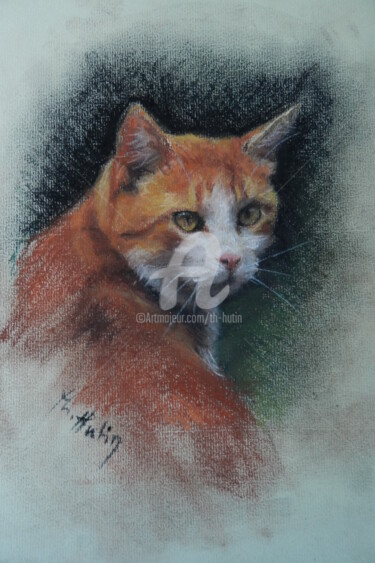 Dessin intitulée "chat roux" par Th. Hutin, Œuvre d'art originale, Conté