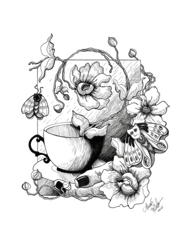 Dessin intitulée "The Tea" par Thaís Melo, Œuvre d'art originale, Encre