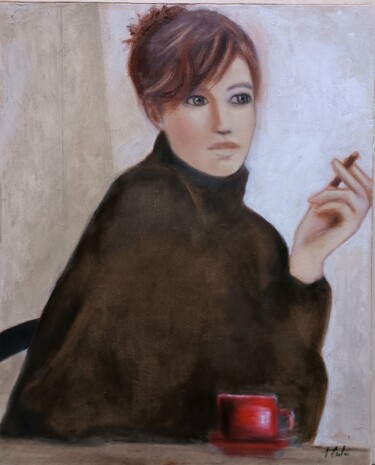 Painting titled "21h30 au café de cu…" by Thalie Cardo, Original Artwork, Oil