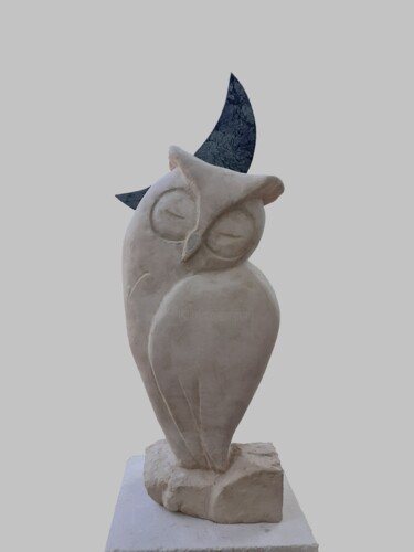 Escultura intitulada "Hibou et croissant…" por Jean-Pierre Thaurenne, Obras de arte originais, Pedra