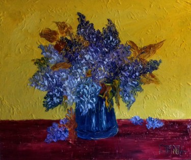 Painting titled "LILAS" by Thierry Chanal, Original Artwork, Oil Mounted on Wood Stretcher frame