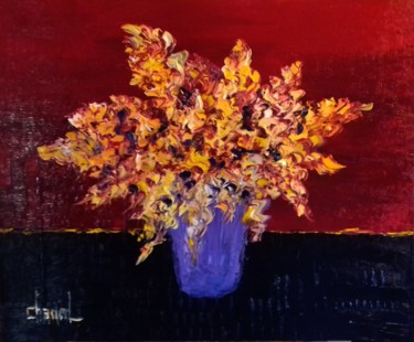 Painting titled "FLEURS JAUNES" by Thierry Chanal, Original Artwork, Oil Mounted on Wood Stretcher frame
