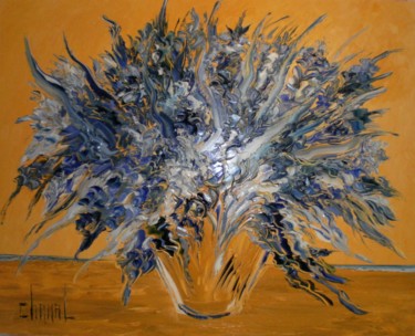 Painting titled "VASE IRIS" by Thierry Chanal, Original Artwork, Oil