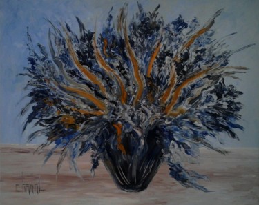 Painting titled "VASE FLEURS NOIRES" by Thierry Chanal, Original Artwork, Oil