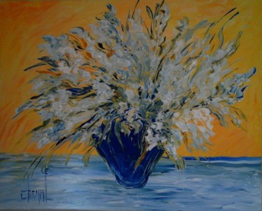 Painting titled "VASE FLEURS BLANCHES" by Thierry Chanal, Original Artwork, Oil