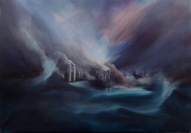 Painting titled "Factory at Sea" by Pascal Fessler, Original Artwork, Acrylic Mounted on Wood Stretcher frame