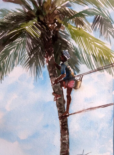 Schilderij getiteld "Life on the Line" door Thejana Roshan Kumara, Origineel Kunstwerk, Aquarel