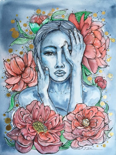 "Woman with peonys" başlıklı Tablo Thekla Kellmann tarafından, Orijinal sanat, Suluboya