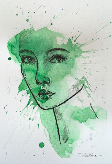 Painting titled "Green woman 1" by Thekla Kellmann, Original Artwork, Watercolor