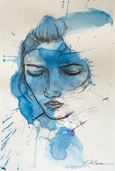 Pintura intitulada "Blue Woman 1" por Thekla Kellmann, Obras de arte originais, Aquarela