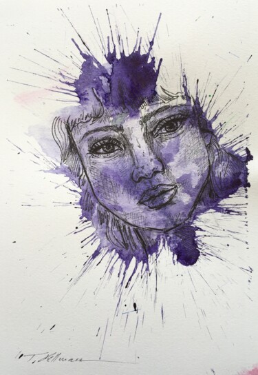 Painting titled "Purple woman 1" by Thekla Kellmann, Original Artwork, Watercolor