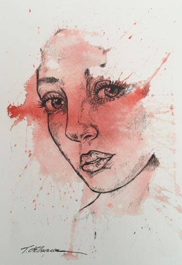 Картина под названием "Red Woman 2" - Thekla Kellmann, Подлинное произведение искусства, Акварель